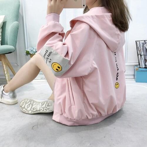 HAYBLST Brand Women Hooded Jacket 2019 Autumn Fashion Print Preppy Stysle Windbreaker Plus Size XL Korean Kawaii Loose Jackets