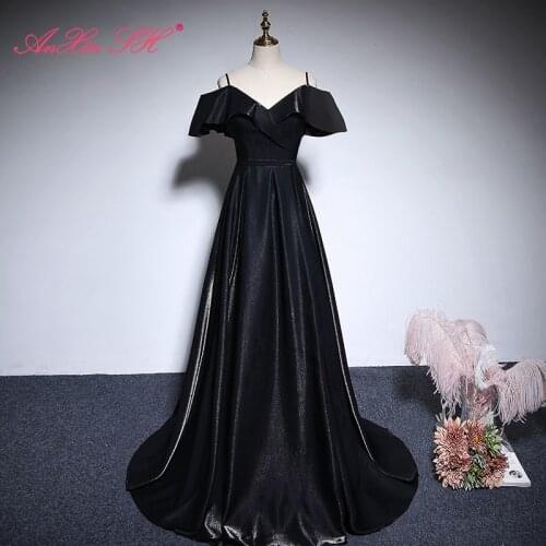 AXJFU princess black satin evening Dress vintage party boat neck bride big bow host ruffles lace up a line black evening dress