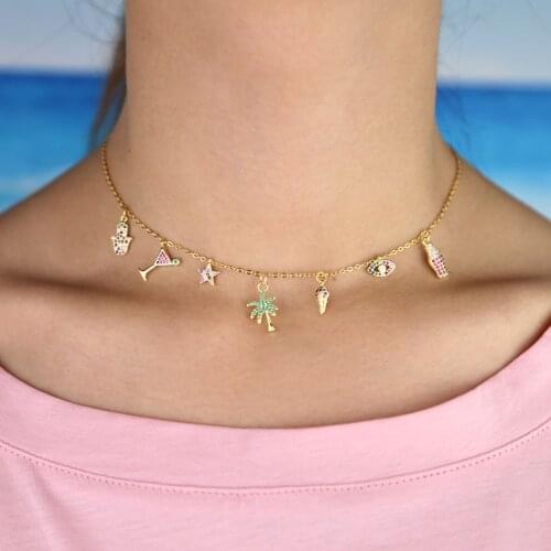 Delicate Rainbow Colorful Cz Lucky Hamsa Hand Evil Eye Star Choker Necklaces For Women Classic Charm Christmas Gift Jewelry 2021