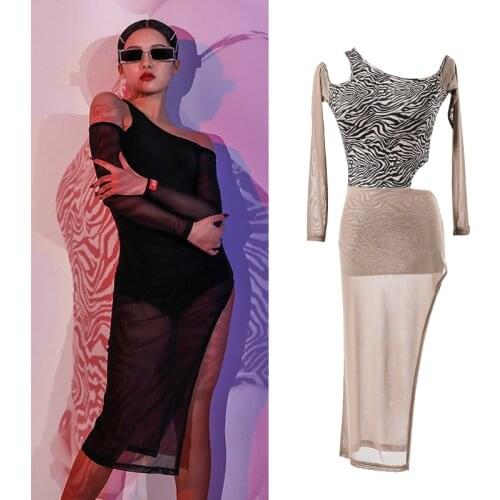 Latin Dance Dress For Women Female Adult Sexy Mesh Split Skirt Dance Practice Clothes Latin Competition Dance Dresses SL4409