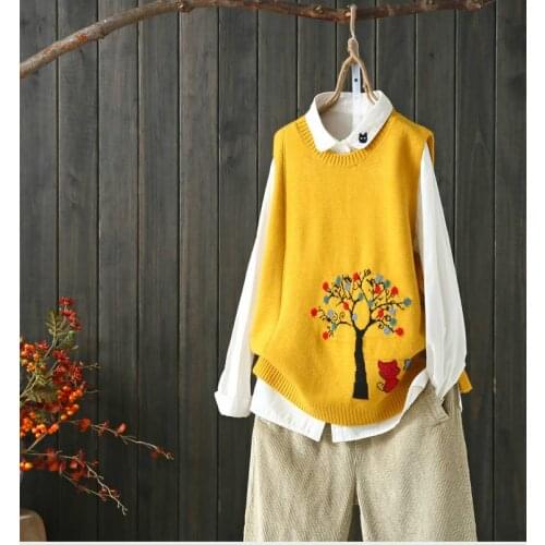 2020 mori girl cats under tree kitty pattern sleeveless vest pullover sweater 1910