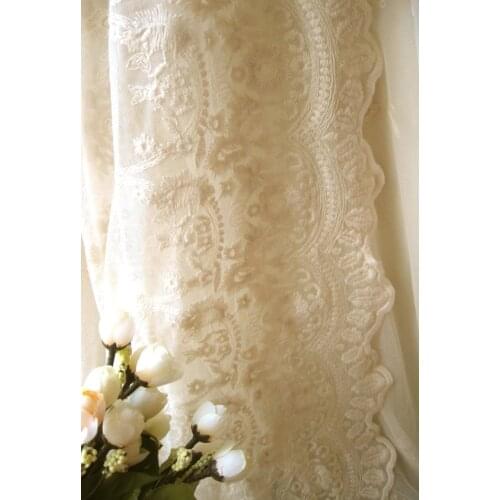 1 yard Mixed Cotton Lace Fabric With Ivory Retro Waving Pattern Wedding Decorations, ws1002