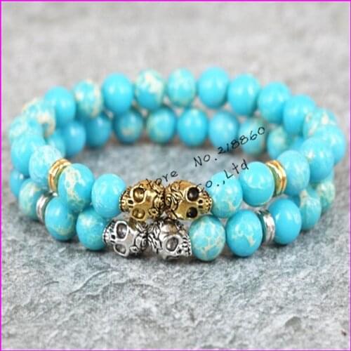 2pcs 2017 new fashion 8mm beads bracelet gold/silver color skull head blue regalite Lava stone beads mens bracelet