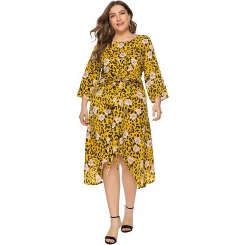 2021 Plus Size Dress For Women Floral Print New O Neck 3/4 Sleeve Lace Up Beach Party Holiday Irregular Green Dress Vestidos