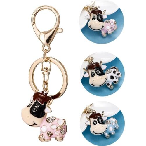 Crystal Milk Cow keychains Key Ring Cute Zodiac Cattle Car Keychain Animal Metal Pendant Small Gift Ornament