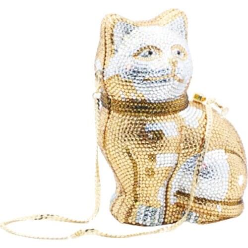 BoutiqueGG Shape Lovely Cat Women Golden Crystal Minaudiere Clutch Animal Evening Bags Lady Formal Dinner Handbag Toiletry Purse