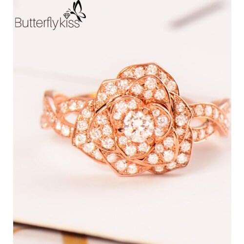 BK 18k Rose Gold Moissanite Rings For Women 5.9g Genuine Gold Rose Unique Design Wedding Party Engagement Anniversary Jewelry
