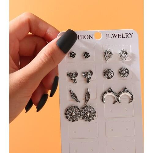 Fashion Brincos Elephant Flower Earrings Set for Women Silver Color Cross Moon Feather Stud Earring Bohemian Anniversary Jewelry