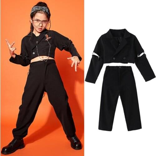 Fashion Stitched Sleeves Tops Kids Hip Hop Pants For Girls Jazz Dance Clothes Black Suit HipHop Performance Costume Wear BL5948