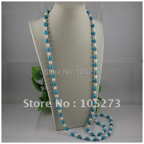 Charming!long pearl turquoises necklace 48'' AA 7-8MM White Genuine freshwater pearl&turuqoises free shipping