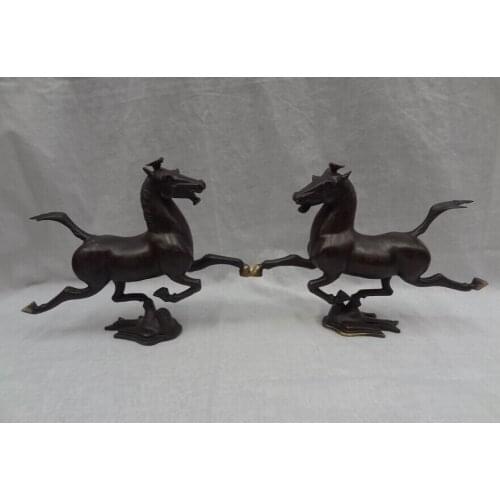 Song voge gem S2861 9" Chinese Pure Bronze Folk Tang Galloping Horse On Fly Swallow Statue Pair