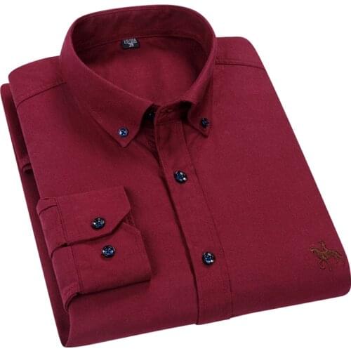 AOLIWEN brand men new 100% cotton Oxford wine red solid color long sleeve shirt business casual non-fading soft slim fit shirts