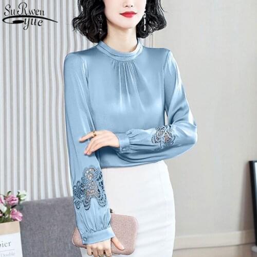 Lantern Sleeve Long Sleeve Satin Shirt Spring New Fashion Western Style Slim Mulberry Silk Embroidered Blouse Tops Blusas 13042
