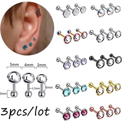 3PCS Flat Bottom Drill Stud Steel Piercing Fashion Crystal Cartilage Earrings Women Ear Stud Body Piercing Jewelry Earrings