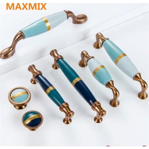 Blue ceramic furniture handle American wardrobe handle door light luxury golden European style handle kitchen cabinet drawer