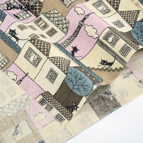 Booksew Sewing Tissu Home Textile For Tablecloth Pillow Bag Curtain Cushion Zakka Print House and Cat Design Cotton Linen Fabric