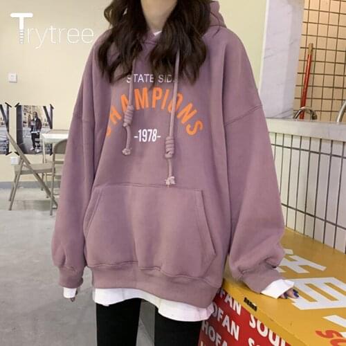 Trytree 2021 Autumn Winter Woman Casual Hoodies Printing Letter Kangaroo Pockets All-Purpose Style Loose Hooded Sweatshirts Tops