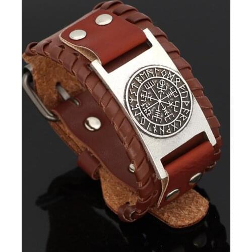 Vintage Viking Compass Leather Bracelet for Man Bangles 24 Nordic Runes Odin Symbol Wrap Bangle Slavic Amulet Vikings Bracelets