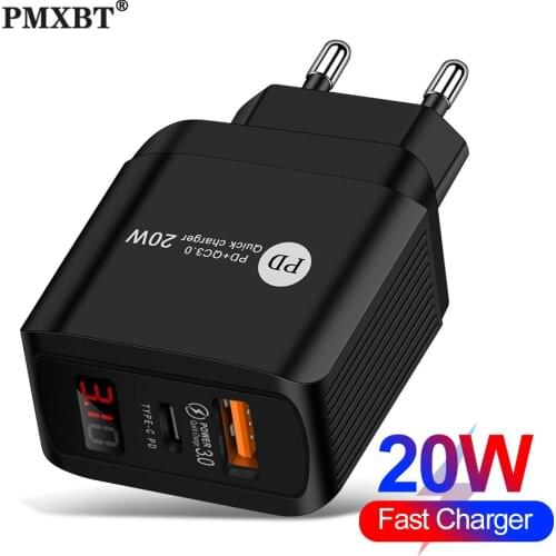 LED Display USB Charger QC 3.0 Quick Charge EU US UK Plug Adapter For iPhone Phone 20W Fast Charging Type C PD Port Charger
