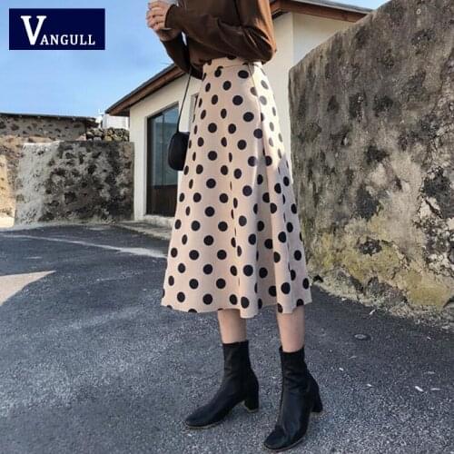 Vangull Women Casual Dot Skirt Autumn New Mild Calf Fashion A line High Waist Skirt Korean Style Slim Chic Zipper Velvet Skirt