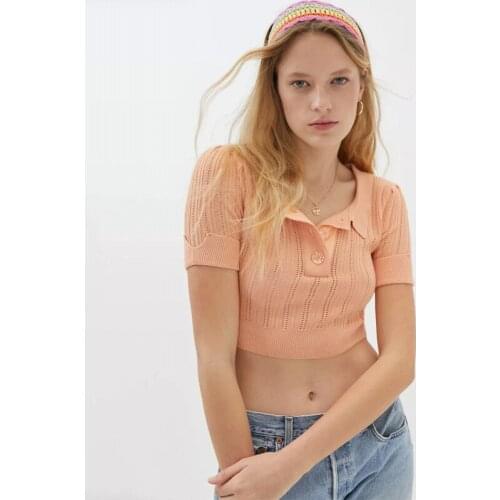 2021 New Women Short Knitted Crop Top Western Style Hollow-out Slimming POLO Shirt Orange T-shirt Spring ans Summer Fashion Tops