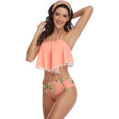 OFF Shoulder Ruffle Bikini Women Halter Leaf Print brazilian bikini High cut Pink swimsuit swimwear women High Waist bikini