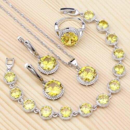 925 Sterling Silver Bridal Jewelry Sets For Women Yellow Round Shape Cubic Zirconia Ring Bracelet Necklace Pendant Earrings