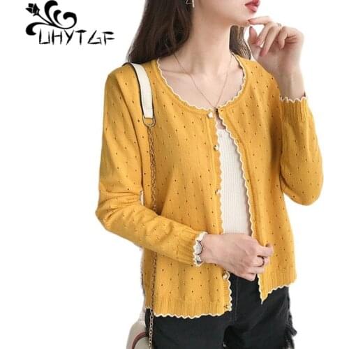 UHYTGF Women Summer Coat 2021Hollow Ice Silk Shawl Thin Sun Protection Clothing Jacket Solid Wild Cardigan Female Short Top 1482
