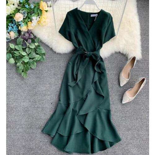 Womens summer short sleeve v neck solid color front short back long ruffles dress female vintage high waist belt dress TB830