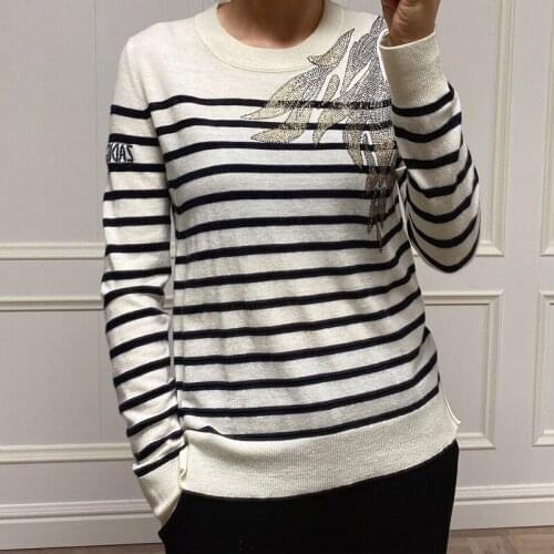 100% Cashmere Pullovers 2020 Autumn / Winter New Womens O- Neck Black/ White Striped Long-sleeved Knitted Sweater