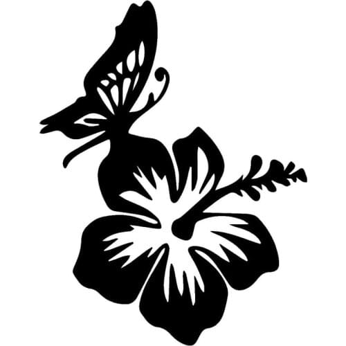 13.9*17.8CM Hibiscus and Butterfly Vinyl Car Styling Beautiful Stickers Car Body Decal Black/Silver C9-1537