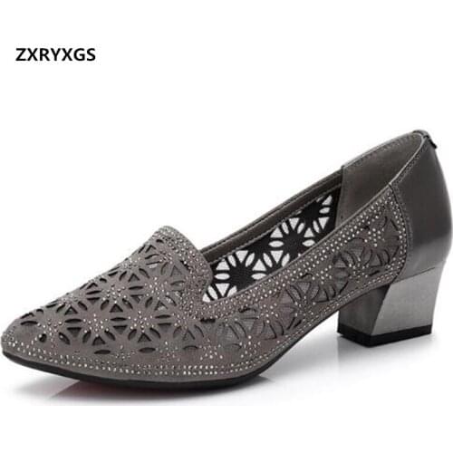 2021 Spring Pointed Toe Microfiber Cowhide Stitching Rhinestone Women Fashion Shoes Thick Heels Breathable Sandals Summer Shoes