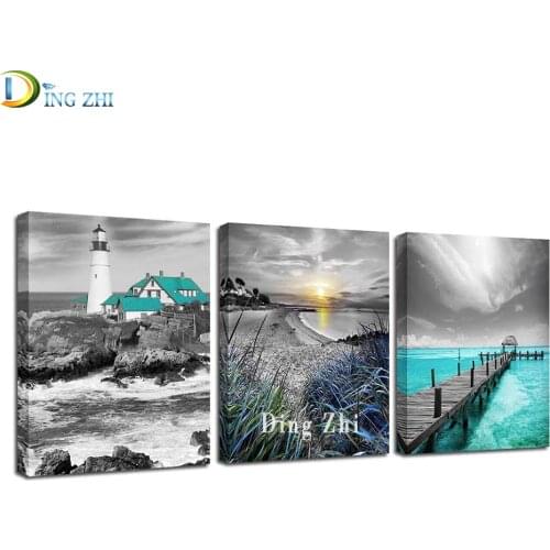DIY Diamond Embroidery Full Drill Blue Seascape Sunset Cabin Lighthouse 3Pcs Diamond Painting Landscape Rhinestones Cross Stitch