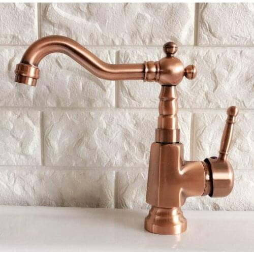Antique Red Copper Brass Bathroom Kitchen Basin Sink Faucet Mixer Tap Swivel Spout Single Handle One Hole Deck Mounted mnf395