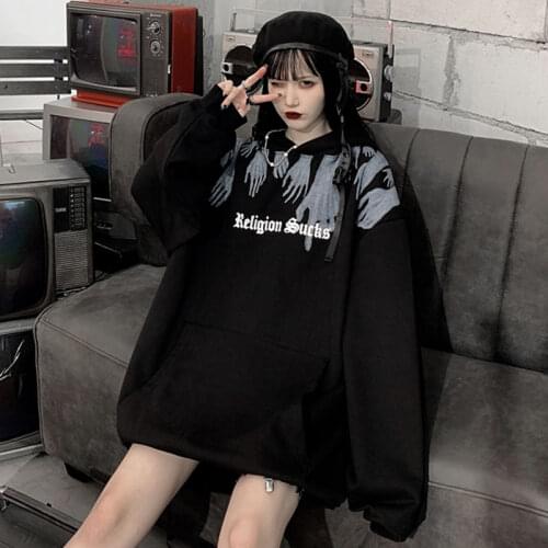 Plus size womens dark loose hooded hoodie womens long thin coat tide skull sweater goth