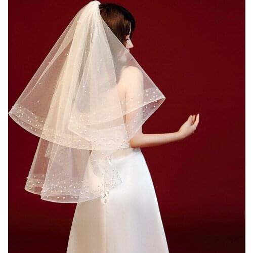 White Color Beaded Wedding Veils Short Bride Veil With Stretch Mesh Tulle Veils Accessories For Women Party HO1529