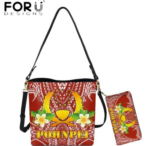 FORUDESIGNS Hot Style Women Bucket Bag And Purse 2pcs Set Golden Pohnpei Polynesian Tribal With Plumeria Print Lady PU Handbag