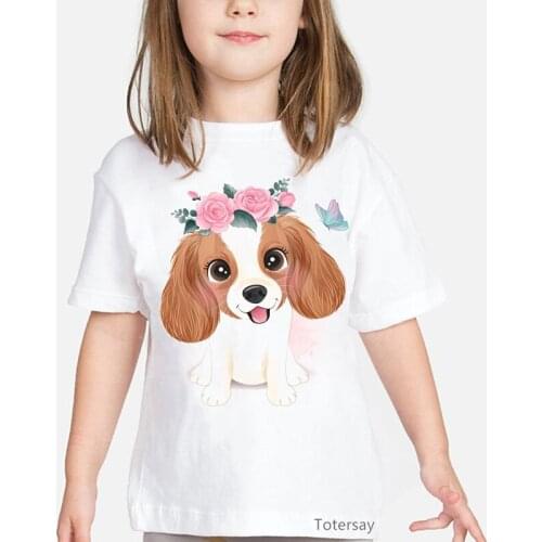 Dogs with Flowers Animal Print T Shirt Girls Pug Doberman Labrador Chihuahua Tshirt Kids Clothes Summer Tops Girls Clothes