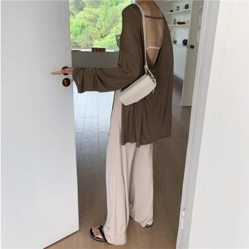 Two Piece Set Top and Pants Long Sleeve O-neck Loose Sexy Backless Slightly Transparent and High Waist Wide Leg Pants Trousers
