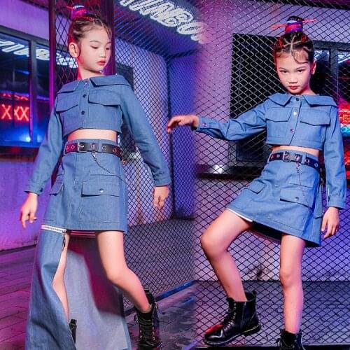 New Modern Street Dance Stage Performance Costumes For Kids Long Sleeve Hip Hop Suit Jazz Dance Clothing Removable Hem DQL6020