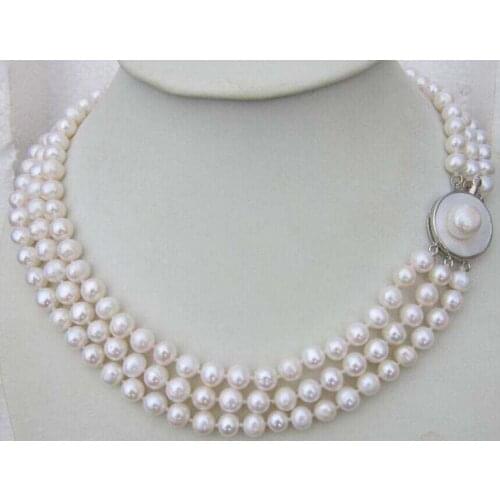 Triple strands 8-9mm round natural white pearl necklace