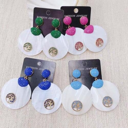 Round Shell Crystal Dangle Earring Hyperbole Style Colorful Crystal Tree inlay Shell earring 3pairs For Lady new earring 2019
