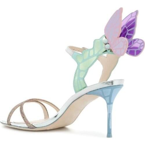 Summer 3D Butterfly Wings Multi Leather Patchwork Sandals Women Sequins Crossed Strap Stilettos Peep Toe Ladies Party High Heels