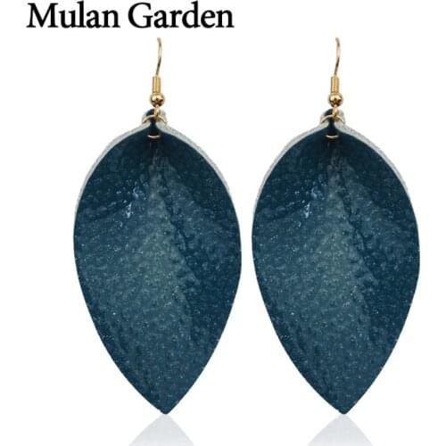 M&G Blue Glitter Genuine Leather Earrings for Women Dangle Leaf Statement Earrings Fashion Jewelry Accessories Gift Wholesale