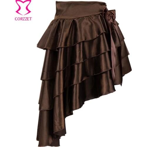 Fashion Ruffle 4 Tiered Satin Asymmetrical Steampunk Women Skirt 2017 Summer Womens Skirts With Big Bow Inelastic Waist Skirt