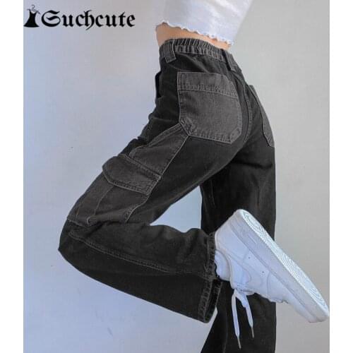 SUCHCUTE y2k Fashion Patchwork Womens Pants High Waist Korean Style Straight Trousers 2021 Streetwear Gothic Baggy Jeans