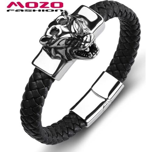 Fashion Punk Male Bracelet Black Leather Stainless Steel Devil Men Animal Beast Tiger Cuffs Jewelry PS2123