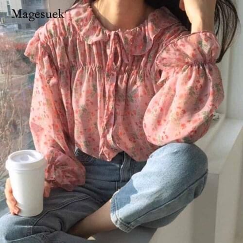 2020 Autumn New Printed Wild Chiffon Blouse Korean Clothes Vintage Ruffled Pink Shirts Long Sleeve Womans Blouses Woman 10336