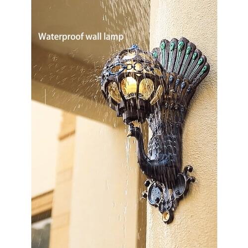 Outdoor wall lamp European style waterproof villa landscape courtyard gate balcony corridor peacock color black