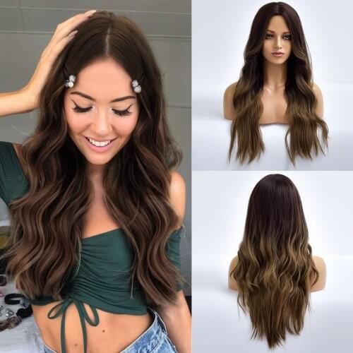 Brown Ombre Long Daily Wavy Synthetic Wigs For White Women Natural Cosplay Fiber Wig Heat Resistant Female Hair